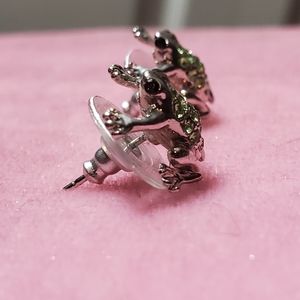 Silver Frog Earrings with Faux Green Gems